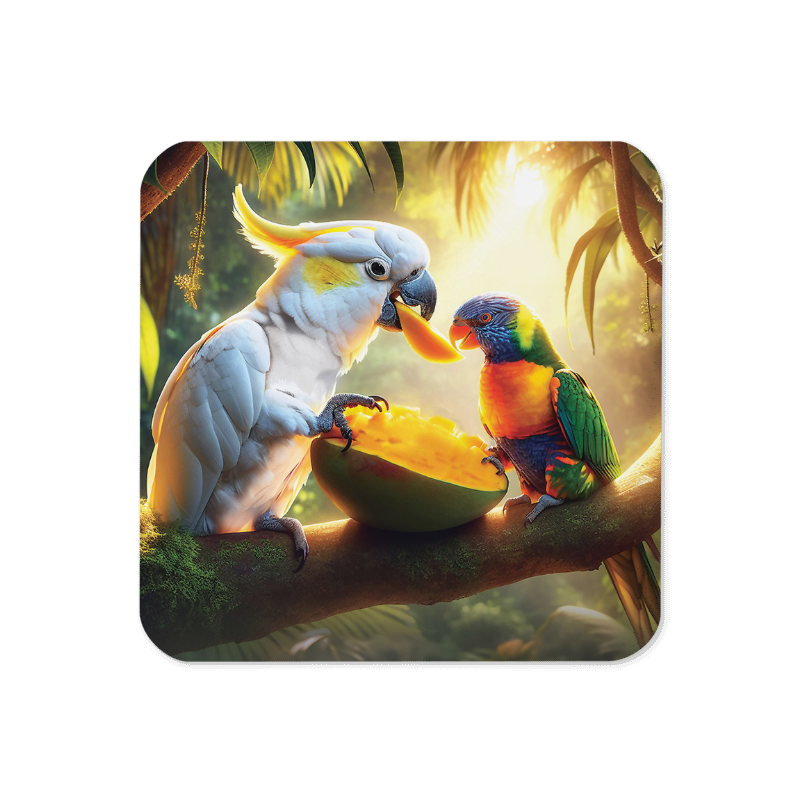 Chalanni and Rainbow sharing a Mango | Designer Cork-Based Coasters - Chalanni