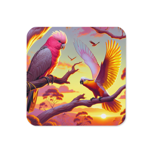 Chalanni and Galah sharing a sunrise | Designer Cork-Based Coasters - Chalanni